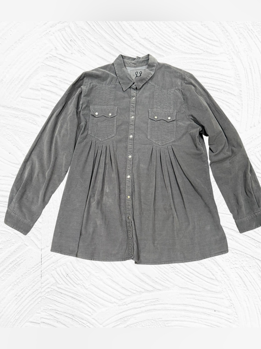 Johnny Was Pete & Greta L Tunic Gray Corduroy Metal Snaps Empire Pleated Waist